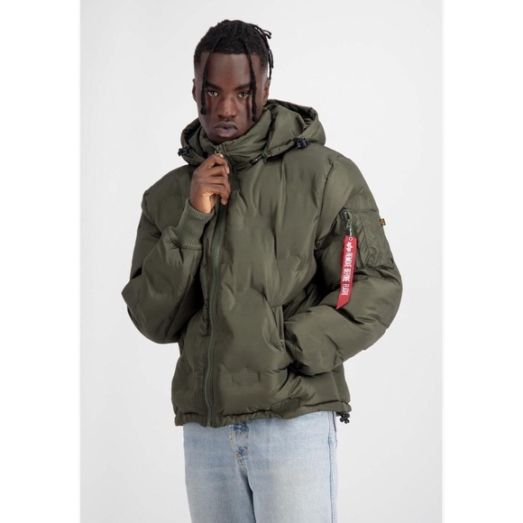 Alpha Industries Hooded  Logo Puffer Jacket Dark Olive Nylon Men’s Size Medium - Picture 1 of 15
